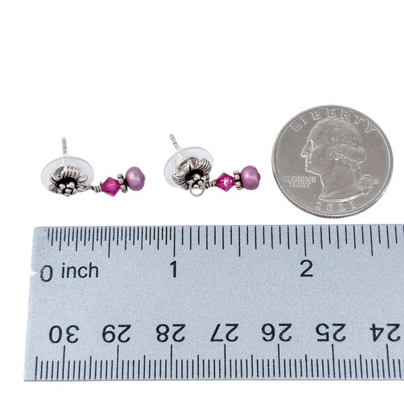 Estate Sterling Silver 925 Purple Pearl Pink Crystal Floral Dangle Earrings - Picture 5 of 6
